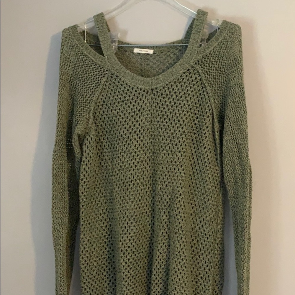 Open shoulder knit sweater. Olive green